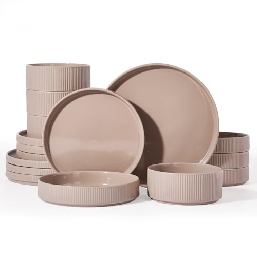 Image of Famiware Star Stoneware Dinnerware Sets with Pasta Bowls, 16pc Dishes for 4 | Ceramic Flat Plates and Double Bowls. Chip & Scratch Resistant. Microwave & Dishwasher Safe, Everyday Dining, Cinnamon Brown