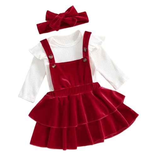 Image of Thorn Tree Newborn Baby Girls Christmas Outfits Long Sleeve Onesie Romper+Velvet Suspender Skirts+Headband Clothes