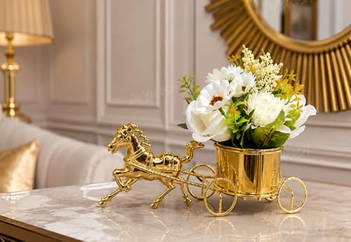 Image of Divyakosh Artificial Flower Vase, Golden Horse Chariot with Pre Fixed Flowers, Showpiece | Home Decoration Item for Living Room| Gift Items, Aesthetic Home Decor, Vase for Home Decor'