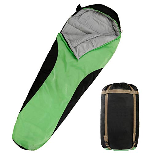 OUTSTAR Lightweight Waterproof Envelope Sleeping Bag with Compression Sack for Kids,Boys, Girls, Teens & Adults. Indoor &Outdoor Camping, Travelling, Hiking & Backpacking (Green & Black/Right Zip)