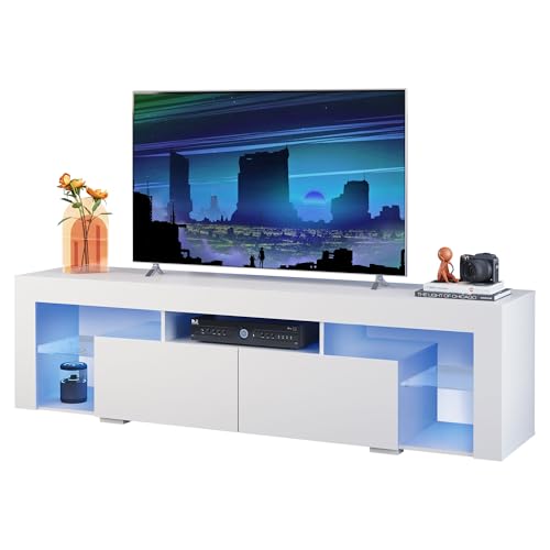 WLIVE 160 cm LED TV Schrank, TV-Schrank Weiß Fernsehtisch mit LED für 50 55 60 65 70 Zoll Fernseher, 20 Farben RGB Fernsehschrank für Wohnzimmer Schlafzimmer, Moderne TV Bank aus Holz mit 2 Schubladen