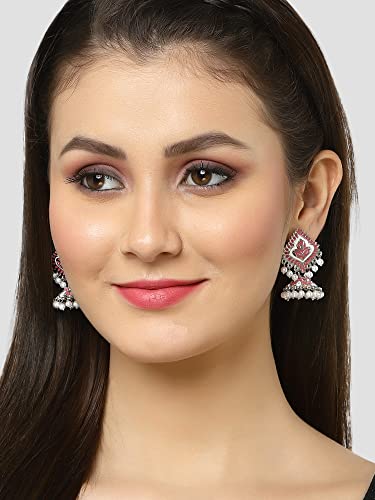 Image of Karatcart Silver Tone Diamond Shape Pink and Blue Carved Stone Studded Drop Earrings for Women