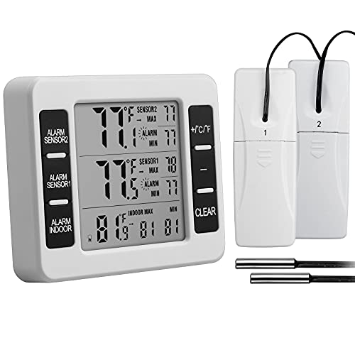 CAMWAY Wireless Refrigerator Freezer Thermometer with Alarm and Sensors, MAX/MIN Thermometer for Home, Warehouses