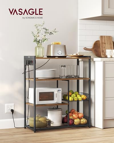 Miniatura 2 de Vasagle Estantería De Cocina Con Enchufes, 2 Cestas De Malla, Estantería Para Microondas, Con Estantes Y Ganchos, 35 X 80 X 93,5 Cm, Estilo Industrial, Marrón Rústico Y Negro Tinta Kks196k01