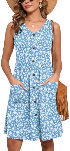 Heymoments Women's Summer Dresses Sleeveless Casual Fashion Loose Swing Button Down Midi Dress with Pockets