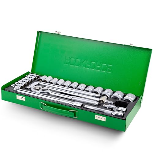 Mallette à outils 24 pièces 1/2 6 pans en acier CR-V avec rallonges à cliquet, poignée en T et joint de cardan dans un coffret en plastique robuste pour bricolage automobile et atelier