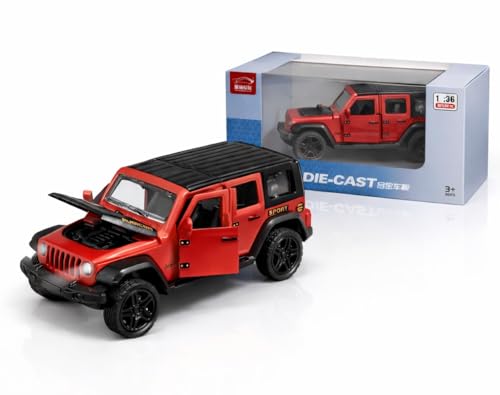 Image of 1:36 Scale Rubicon Car Model - Die-Cast Metal Pull Back SUV with Openable Doors, Lights & Music - Alloy Off-Road Toy Vehicle for Kids, Boys & Collectors (Red)