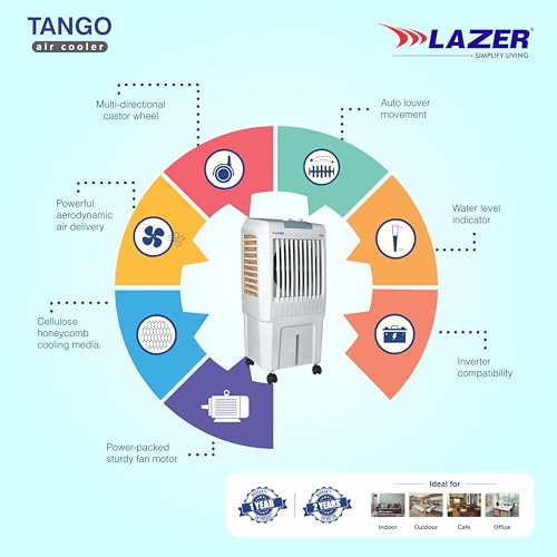 Image of Lazer 25 L Room /Personal Air Cooler (White, Tango Auto Swing) | 3 Side Honeycomb Cooling Pad | Cooler For Room /Home