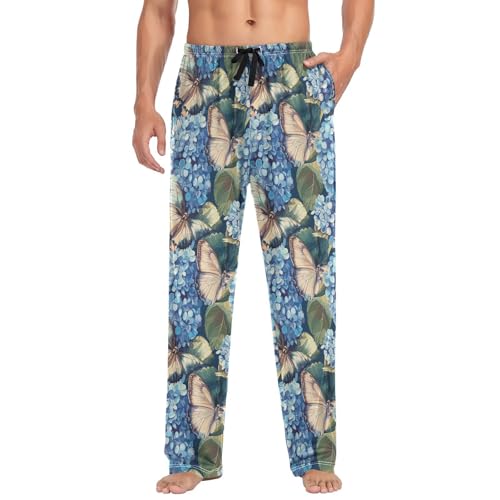 ALAZA Hydrangea Flowers Butterfly Men’s Pajama Pants Soft Long Sleep Pants Lounge Pajama Bottoms with Pockets3