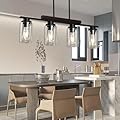 Pendant Lights Kitchen Island, 4-Light Farmhouse Chandeliers for Dining Room, Black Linear Chandelier with Clear Glass Shades, Modern Rustic Wood Chandelier with Adjustable Height ?