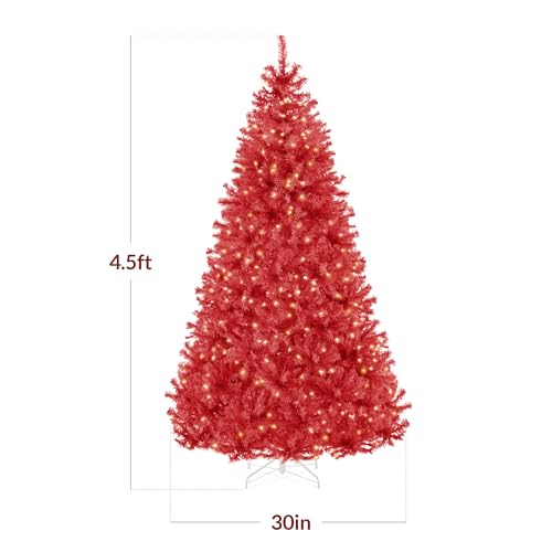 Best Choice Products 4.5ft Pre-Lit Red Christmas Tree, Full Artificial Holiday Decoration w/ 362 Branch Tips, 175 Lights, Foldable Base