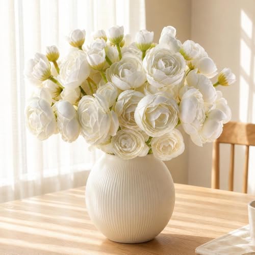 Image of Joytizen 24 Stems Artificial Ranunculus Flowers,White for Small Vase Decor | 24 artificial ranunculus stems with 48 blooms and 48 buds for compact white vase and tabletop arrangements