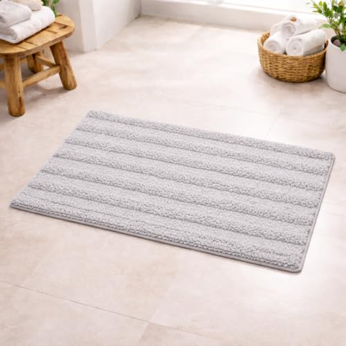 Image of Premium Combed Cotton Tufted Bathmat 50 x 80 cm, 1800 GSM Soft Absorbent Anti Skid Bathroom Floor Mat with Latex Backing, Quick Dry Non Slip Bath Rug for Shower & Daily Use, Stripes Silver