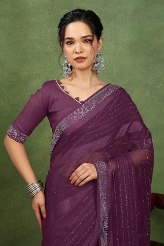 Image of MIRCHI FASHION Saree for Woman Georgette Solid with Satin Stripes | Stone Border Farewell and Ceremonial Sari with Blouse Piece