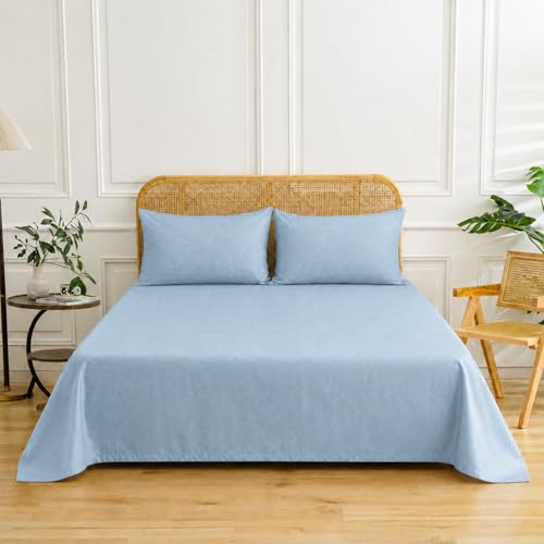 Image of Marrow Lane 400 TC Soft Air Cotton Double Bedsheet | Rose Mist | Flatsheet with 2 Pillow Covers | Solid Textured Weave (228.6 x 254 cm, Slate Blue)