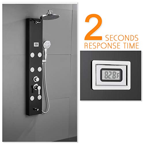 ROVATE Rainfall Shower Panel Tower Modern 304 Stainless Steel, Shower Tower with 9-inch Round Shower, 6 Body Massage jets and Tube Spout, Multi-Function Shower Column with Temperature Dispaly