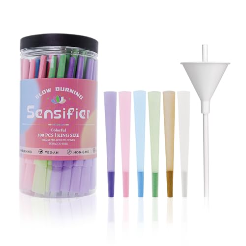 100 PACK Colorful Pre Rolled Cones| King Size Rolling Paper Cone with Loader and Packing Sticks
