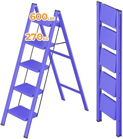 JOISCOPE 4 Step Ladder With Anti Slip Wide Treads Step Stool, 270 KG Load Capacity Lightweight Folding Step Ladder, Portable Step Stool, Indoor/Outdoor Multifunctional Safety Household Ladder, Black