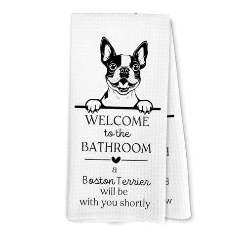 Lengues Welcome to The Bathroom A Boston Terrier Will Be with You Shortly Hand Towels, Dog Bathroom Decor, Funny Dogs Gifts Washroom Hand Towels, Gifts for Dog Lovers Bathrooms Decor 16x24inch