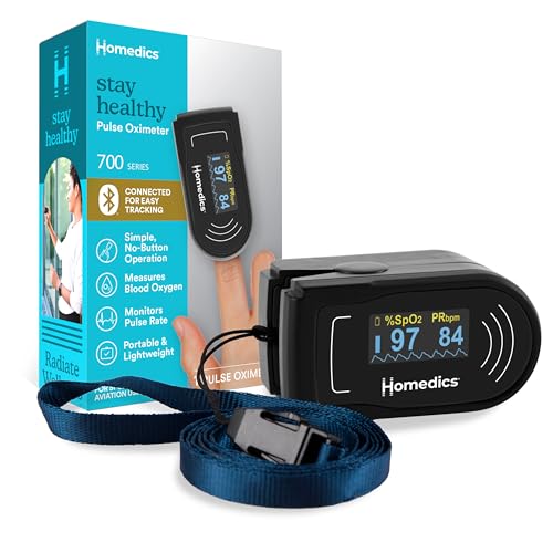 Homedics Smart Pulse Oximeter Fingertip,700 Series,App Bluetooth Oxygen Saturation Monitor with Heart Rate, Auto-Rotating Display, OLED Screen, Soft Silicone