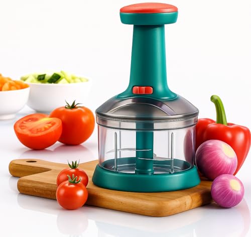 Image of YOUONE Push Chopper, 1000ml Capacity, Stainless Steel Blade, Transparent Container with Lock System, Green (Green Chopper 650 ML)