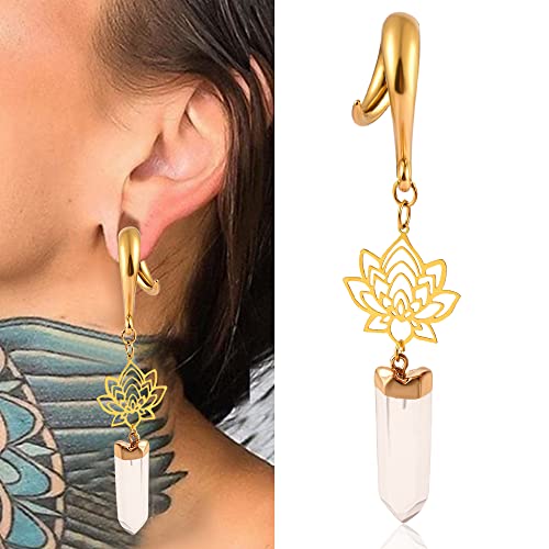 Doearko 2 Pcs Ear Gauges Lotus Natural Stone Crystal Ear Plugs Body Piercing Tunnels 316 Stainless Steel Hypoallergenic Earrings Gauges For Ears Expander Body Jewelry (8Mm(0G), Gold) #TOP2