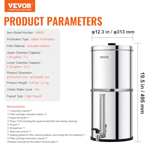 VEVOR Water Filter System, 2.25G 304 Stainless-Steel Countertop System, Water Filtration System, Reduces Lead and up to 99% of Chlorine, with 2 Carbon Filters, and Water Level Spigot by VEVOR - Image 7