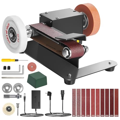 Levigatrice a Nastro Elettrica, Affilacoltelli Elettrico a 7 Velocità Regolabili con 10 Nastri Abrasivi e Accessori, per Metallo Legno Artigianato Fai da Te, Affilatura di Utensili e Coltelli