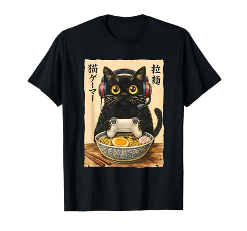 Funny Cat Gamer Ramen Graphic Japanese Kawaii Anime Gaming T-Shirt