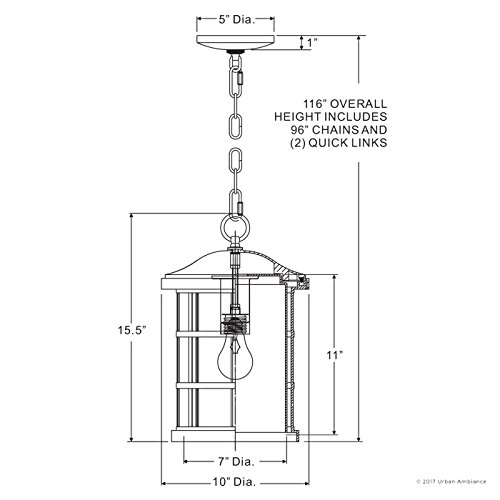 Image of Urban Ambiance Luxury Craftsman Outdoor Pendant Light, Medium Size: 15.5 inch H x 10 inch W, with Tudor Style Elements, Wrought Iron Design, Natural Black Finish and Seeded Glass, UQL1048