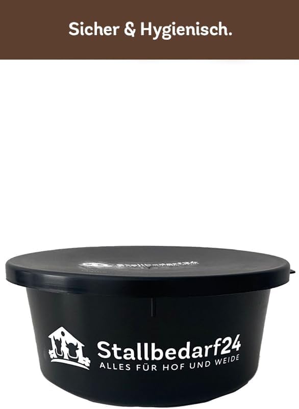 Stallbedarf24® Leckerli Schale – 2 L Aufbewahrungsdose für Futtermittel aus lebensmittelechtem Kunststoff – stapelbar & pflegeleicht – schwarz (mit Deckel)