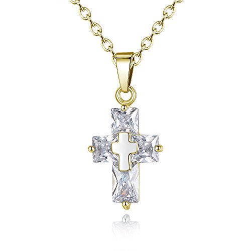 Collar con colgante de cruz de plata de ley 925 bañada en plata de ley AAA con circonitas cúbicas de cristal dulce Jesucristo crucifijo (oro rosa y blanco), Plata, Circonia cúbica