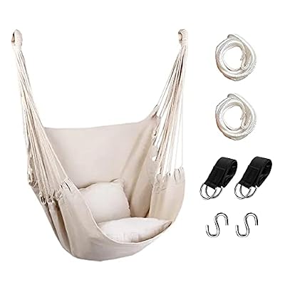 Hammock Chair Hanging Rope Swing, Max 300 Lbs Hanging Chair with Pocket- Quality Cotton Weave for Superior Comfort & Durability Perfect for Outdoor, Home, Bedroom, Patio, Yard
