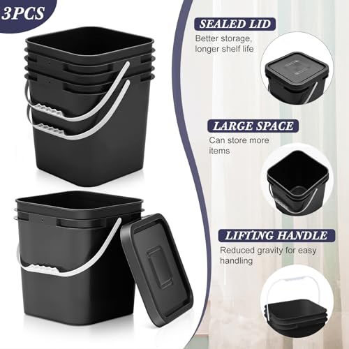 Image of Mumufy 3 Pcs 3.5 Gallon Square Food Grade Bucket with Lid Square Bucket Pail Plastic Handles for Long Term Food Storage, Camping, Fishing, Home Organization Easy Stack and Store (Black)