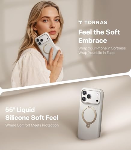 Image of TORRAS Ostand Q3 Silicone for iPhone 17 Pro Max Case | Luxury 55 Liquid Silicone | 360 Click-Lock Rotating Stand Cover | Fit for MagSafe | Camera Control | Premium Imported | Ivory Gold