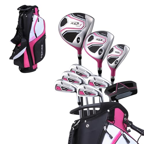 Aspire XD1 Womens Golf Clubs Full Set, Includes Driver, Fairway, Hybrid, 6-PW Irons, Putter, Stand Bag, 3 H/C's, Ultra-Light Graphite Shafts, Golf Clubs Women Right Handed, Comes in 3 Sizes, Pink by ASPIRE - Used condition - US$282.14