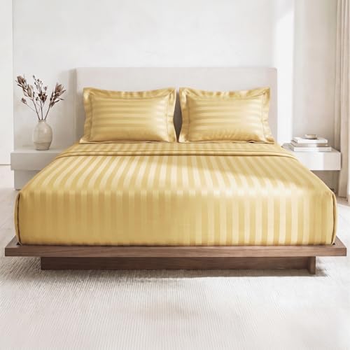 Image of LANE LINEN 100% Cotton Super King Elastic Fitted Bedsheet with 2 Pillow Cases | Damask Stripe 3pc Bedding Set- 1.83M x 1.98M + 30cm Deep Pocket | Breathable Fabric | Oeko-TEX Certified - Cocoon