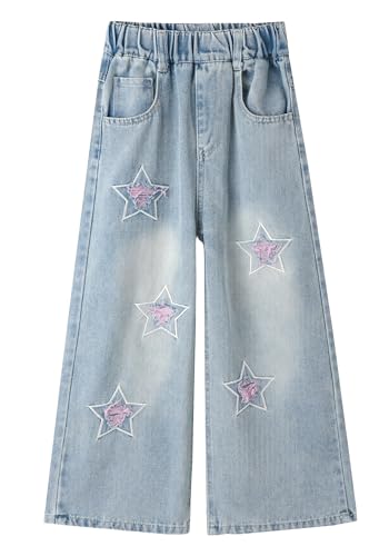 Jeans anchos para niñas de 5 a 14 años vaqueros elásticos de cintura alta con bolsillos