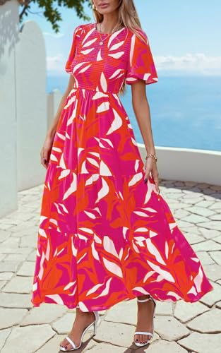 Image of PRETTYGARDEN Women's 2026 Summer Casual Flutter Short Sleeve Boho Floral Maxi Dress Crew Neck Smocked Tiered Long Dresses