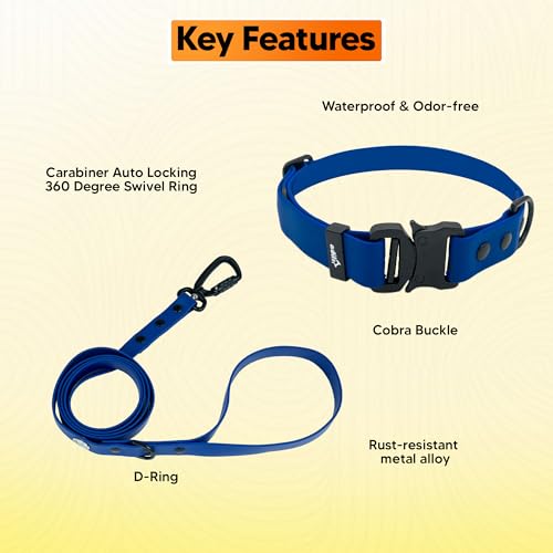 Image of Adil'S Waterproof Leash and Collar Combo Set - Adjustable & Breathable Biothane Collar with Leash Suitable for Medium & Large Size Dogs (Lease 5Ft), Blue, L