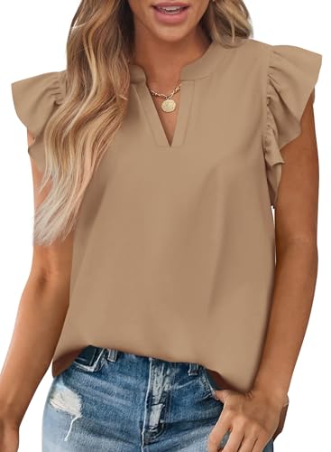 Zenlonr Womens Summer Tops 2026 Casual V Neck Ruffle Cap Sleeve Blouse Shirts Solid Color Tunic Tops(Khaki,X-Large)