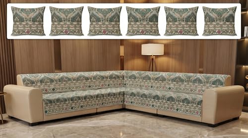 Image of Luxury Sofa Cover L Shape 6 Seater with Matching Cushion Cover 16x16 inch - Emerald Paisley Royal 3+3 Seater (6 Seater) Quilted Sofa Cover Set Pack of 11, Washable, Emerald Teal