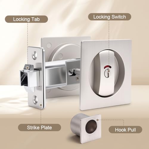 Cerradura para puerta corrediza de bolsillo Ejoyous con tirador lateral, aleación de zinc, indicación de privacidad rojo y verde, diseño empotrado para cocina, dormitorio y baño, acabado plateado miniatura 4