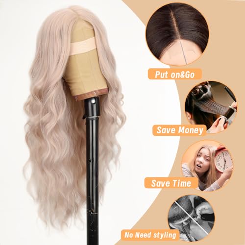 Image of AISI HAIR Light Pink Wig for Women, Long Wavy Lace Hairline Middle Part Synthetic Heat Resistant Wig for Daily Party-26 Inch