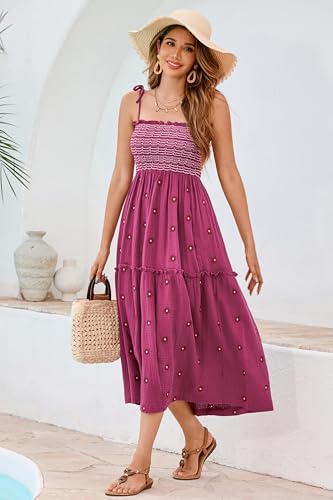 Image of R.Vivimos Womens Summer Cotton Boho Midi Dress 2026 Spaghetti Strap Floral Embroidered Smocked Tiered Flowy Long Dresses