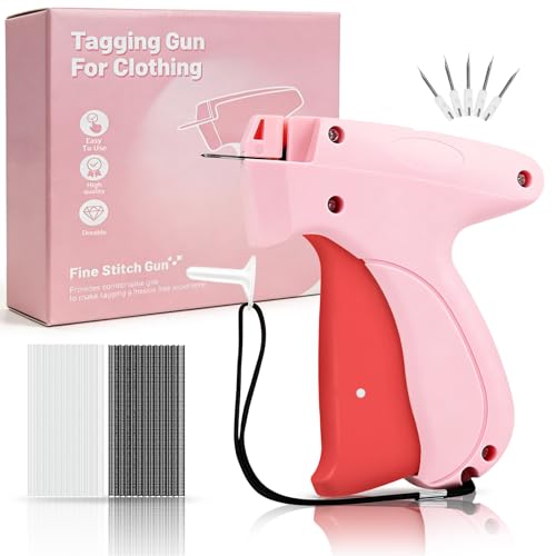 Image of Stitch Gun for Clothes - Handheld Stitch Gun Quick Clothing Fixer - Tagging Gun for Clothing, Sewing Kit-Includes 6 Needle, 1000 Black Fasteners & 1000 White Fasteners (Pink Red)