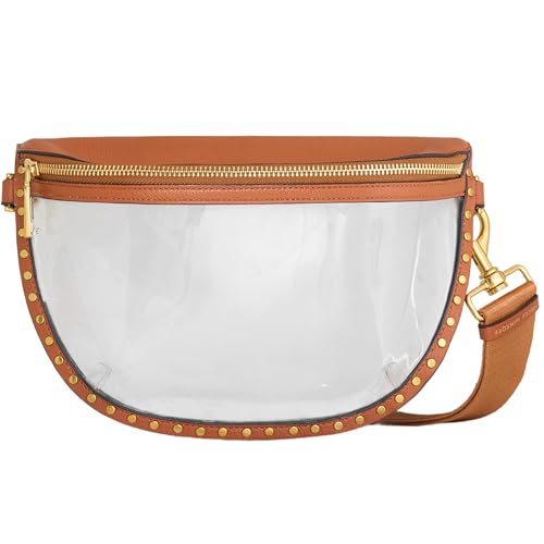 Rebecca Minkoff Darren Clear Crescent Crossbody Bag Stadium Approved Transparent Sling Purse for Concerts and Events Caramello Trim