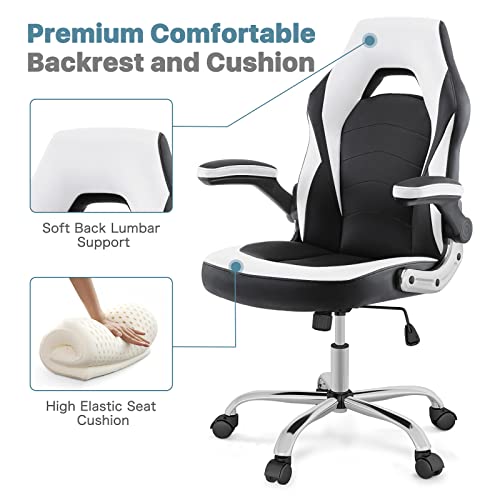 MCQ Ergonomic Chair PU Leather with Padded Flip-up Armrests and Lumbar Support, Height Adjustable, Swivel Rolling, Rocking Function, for Computer Desk, Working, Studying, Gaming, White - Image 6