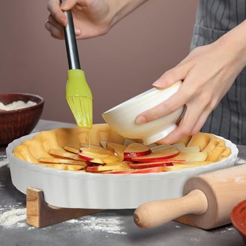 image for LemonRoad 9 Inch Ceramic Pie Pan with Wooden Bracket Ceramic Deep Flut