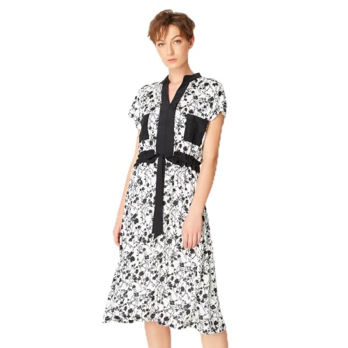 Robe bi-matière fleurie monochrome chic avec ceinture coulissante